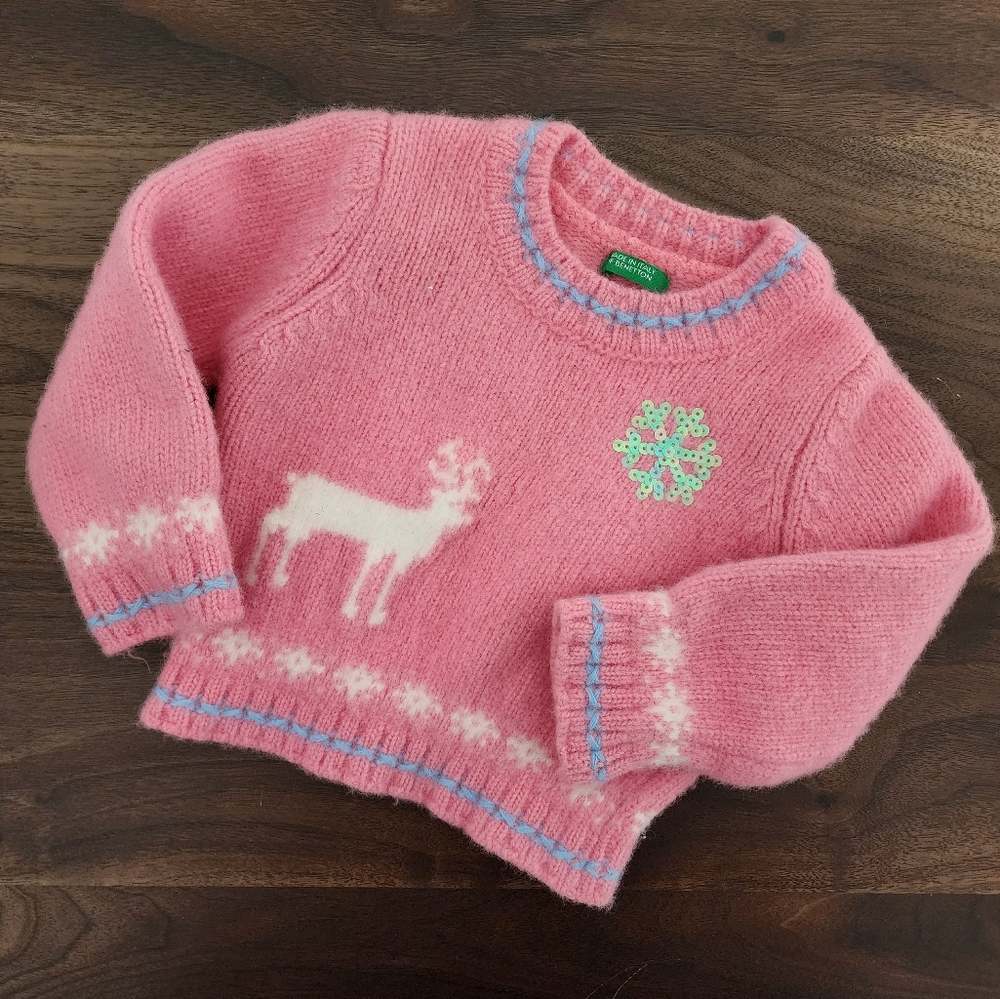 Pink Reindeer Wool Blend Girls Sweater